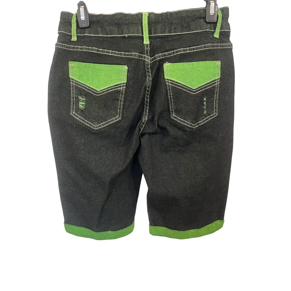 Kids Distressed Denim Shorts Black Lime Green‎ Neon Contrast Cuffed Size L